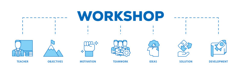 Workshop icon infographic illustration concept with icon of teacher, objectives, motivation, teamwork, ideas, solution, and development icon live stroke and easy to edit 