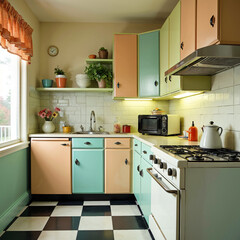 Fototapeta premium Retro style kitchen with colorful cabinets and checkered flooring