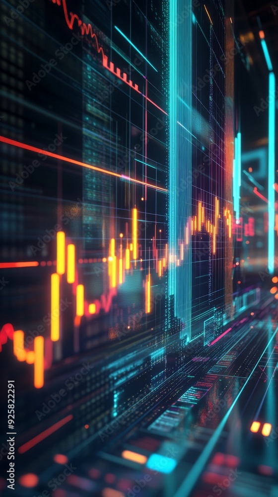 Poster abstract digital financial data background with glowing line charts, representing market statistics 