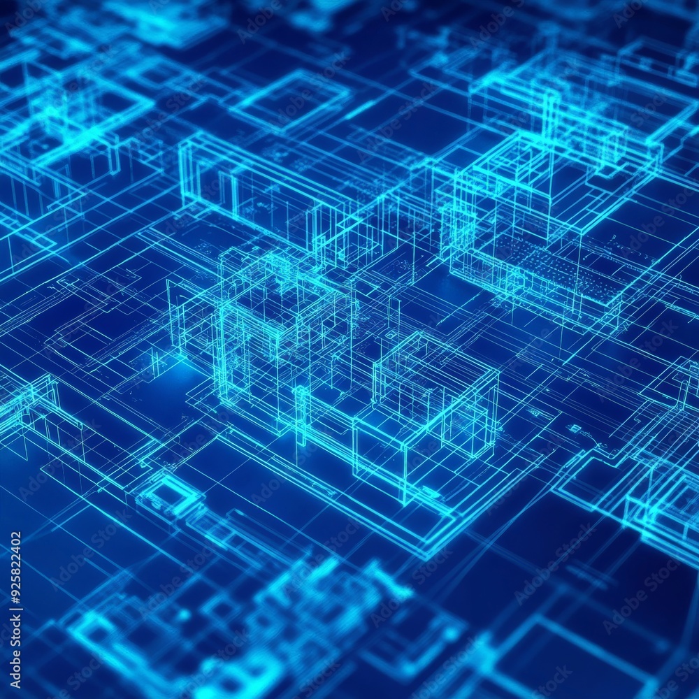 Poster abstract digital blueprint with blue neon lines creating a futuristic cityscape. ideal for technolog
