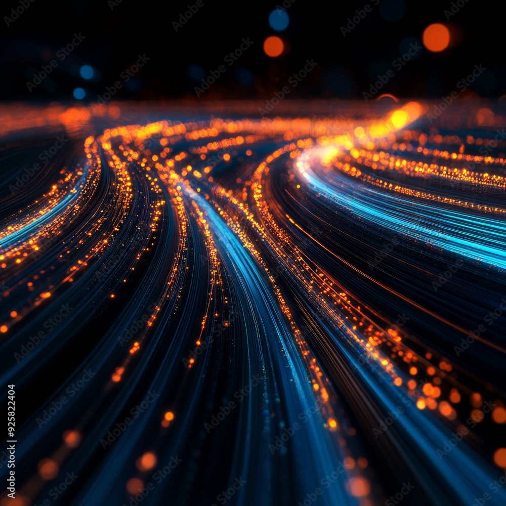 Poster abstract digital background with flowing data lines in blue and orange, representing futuristic tech