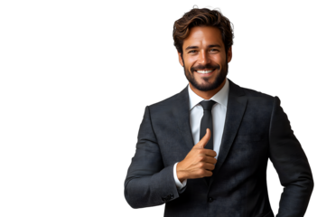 A confident and smiling businessman wearing a dark suit and tie, giving a thumbs-up gesture isolated in transparent background.