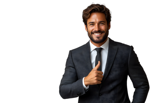 A confident and smiling businessman wearing a dark suit and tie, giving a thumbs-up gesture isolated in transparent background.