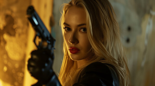 A blonde female secret agent stands in front of a concrete wall, gripping a gun