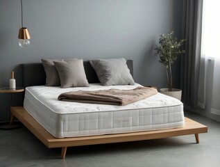 White Mattress on Wooden Bed Frame in a Modern Bedroom