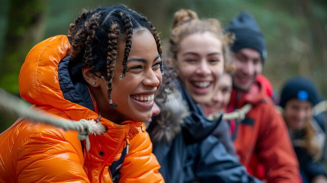 A varied group of people taking part in team-building exercises