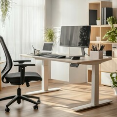 Modern office setup with a focus on ergonomics standing desk, adjustable monitor, and supportive chair, all set in a bright, organized space, ergonomic office, healthy workspace