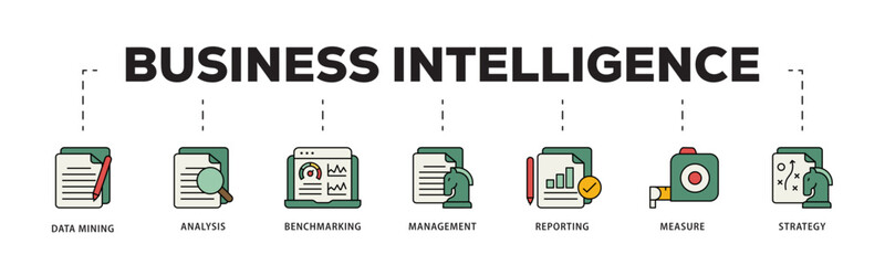 Business intelligence icon infographic illustration concept with icon of data mining, analysis, benchmarking, management, reporting, measure, and strategy icon live stroke and easy to edit 