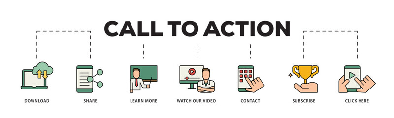 Call to action icon infographic illustration concept with icon of  click here, watch our video, subscribe, contact, learn more, share, download icon live stroke and easy to edit 
