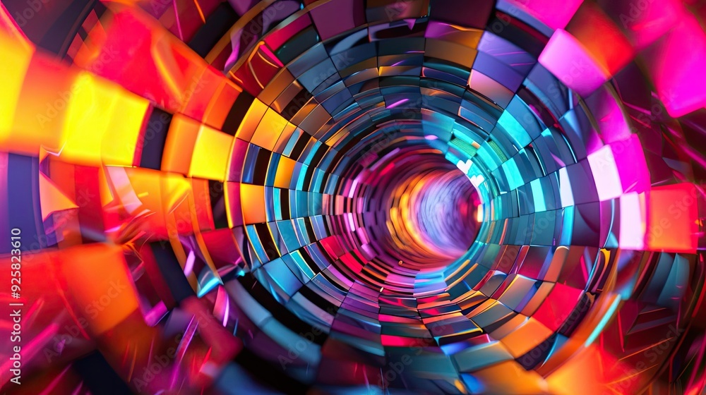 Poster a vibrant, swirling tunnel of colorful tiles creating an immersive optical illusion of depth and mov