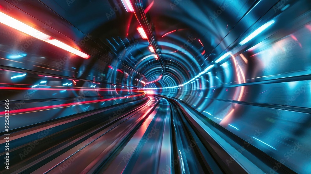 Poster Futuristic tunnel view with vibrant blue and red lights creating a dynamic motion effect. Perfect for technology and transportation themes.