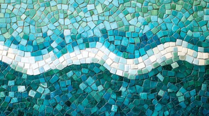 Top view of a mosaic tile pattern with small pieces of glass and stone in shades of blue and green, forming a wave design on a swimming pool border