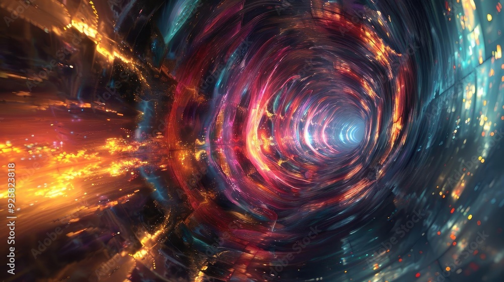 Poster a mesmerizing cosmic tunnel featuring vibrant colors and dynamic energy, evoking a sense of wonder a