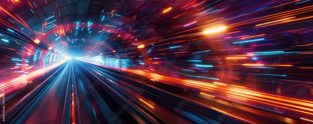 Poster a vibrant tunnel of light and color, depicting motion and speed, ideal for futuristic and technology