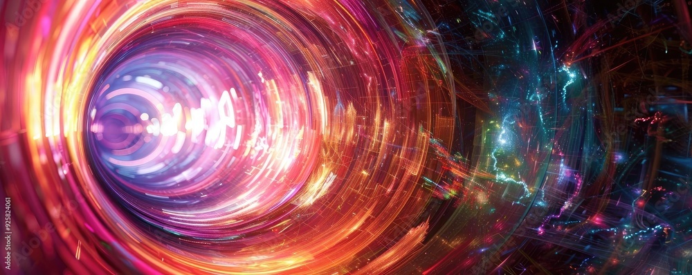 Poster a vibrant abstract vortex of colorful light and energy, evoking a sense of motion and otherworldly d