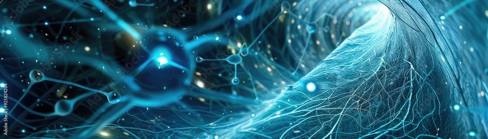 Poster Dynamic abstract visualization of neural networks, showcasing glowing connections and deep space elements.