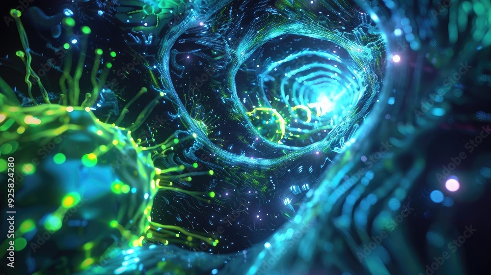 Poster a mesmerizing view of swirling colors and shapes, showcasing the complexity of microscopic life in a