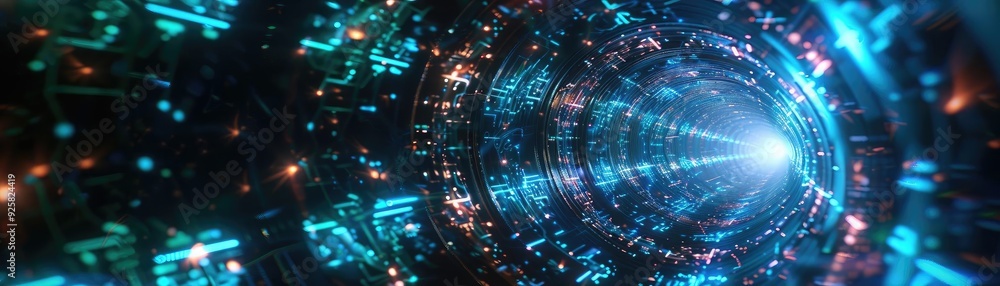 Poster futuristic tunnel with glowing lights, showcasing a vibrant blend of technology and digital art elem