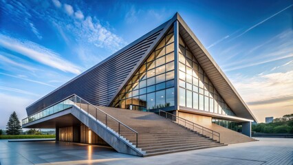 Building with a modern triangular roof and staircase leading up to it, Architecture, Structure, Design, Modern, Staircase