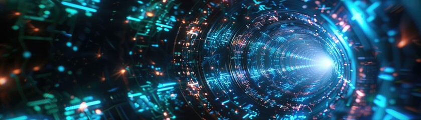 Obraz premium Futuristic tunnel with glowing lights, showcasing a vibrant blend of technology and digital art elements in a mesmerizing pattern.