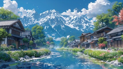 Fototapeta premium Tranquil Traditional Village Nestled in Mountainous Landscape