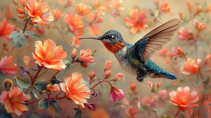 Obraz premium Vibrant Hummingbird Hovers Amidst Blooming Flowers in Midair