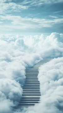 A surreal scene featuring a staircase leading up through the clouds into the sky, symbolizing heaven or a dreamlike journey.