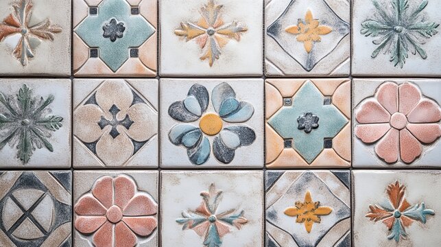Top view of a decorative tile pattern with a mix of floral and geometric designs in pastel colors, arranged on a kitchen backsplash