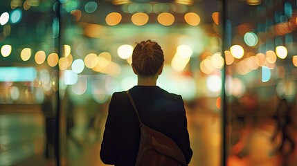 Obraz premium A person stands gazing at a vibrant city scene filled with colorful lights, capturing a moment of reflection and urban beauty.