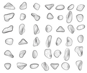 Set of Outline pebbles and natural stones. Hand drawn illustration vector. Isolated on white background.