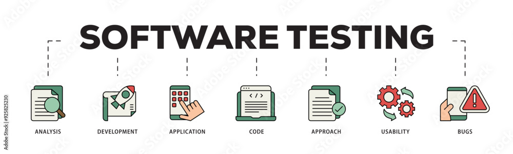 Poster software testing icon infographic illustration concept with icon of bugs, code, usability, approach,
