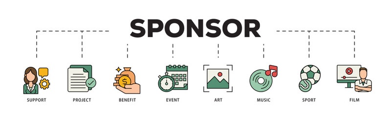 Sponsor icon infographic illustration concept with icon of film, sport, event, music, art, benefit, project, support icon live stroke and easy to edit 