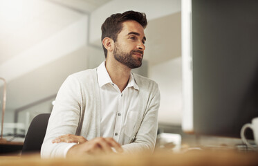 Businessman, desktop computer and deadline as accountant, professional and administration. Male...