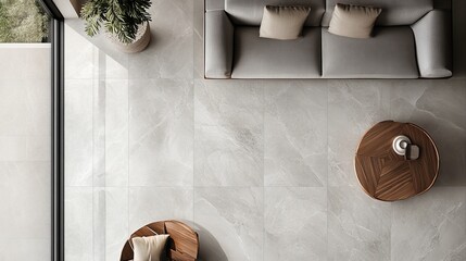 Top view of a contemporary tile pattern with large, smooth tiles in a light gray, creating a minimalist and modern look on a living room floor