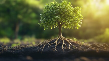 A small tree with exposed roots in fertile soil, bathed in sunlight. Green leaves, nature, growth, and tranquility in the forest setting.