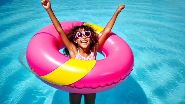 black overjoyed laughing smiling exited child in swimming pool floating on swimming ring, Little girl having fun on family summer vacation in tropical hotel resort, tourism, 