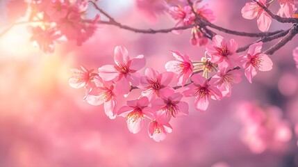 Obraz premium a blooming cherry blossom tree with vivid pink petals delicately unfolding on slender branches. The backdrop is a crystal-clear sky