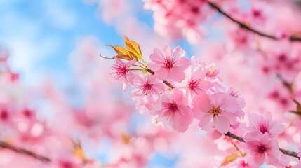 Obraz premium Close-up of a blooming cherry blossom tree, with vibrant pink petals and intricate branches. The background features a clear blue sky