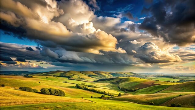Landscape of rolling hills with dramatic clouds in the sky, sky, clouds, hills, landscape, nature, scenics, outdoor
