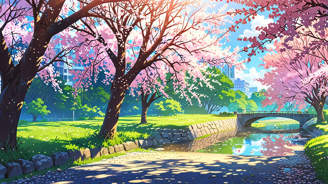 Serene city park with blooming cherry bloosom