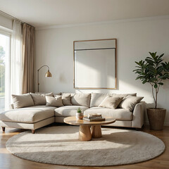 Cozy and Elegant Living Room with Beige Sofa and Wooden Coffee Table