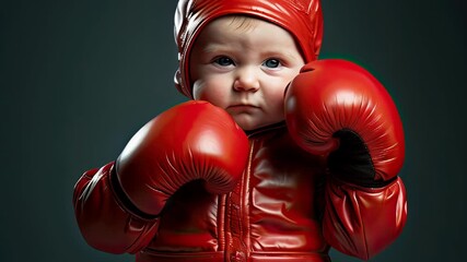 Baby in red boxing gloves ready to spar in a playful indoor setting