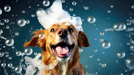 Smiling wet puppy dog taking bath with soap bubble foam on head , Just washed cute dog on blue background, goods for treatment for domestic pets, grooming salon