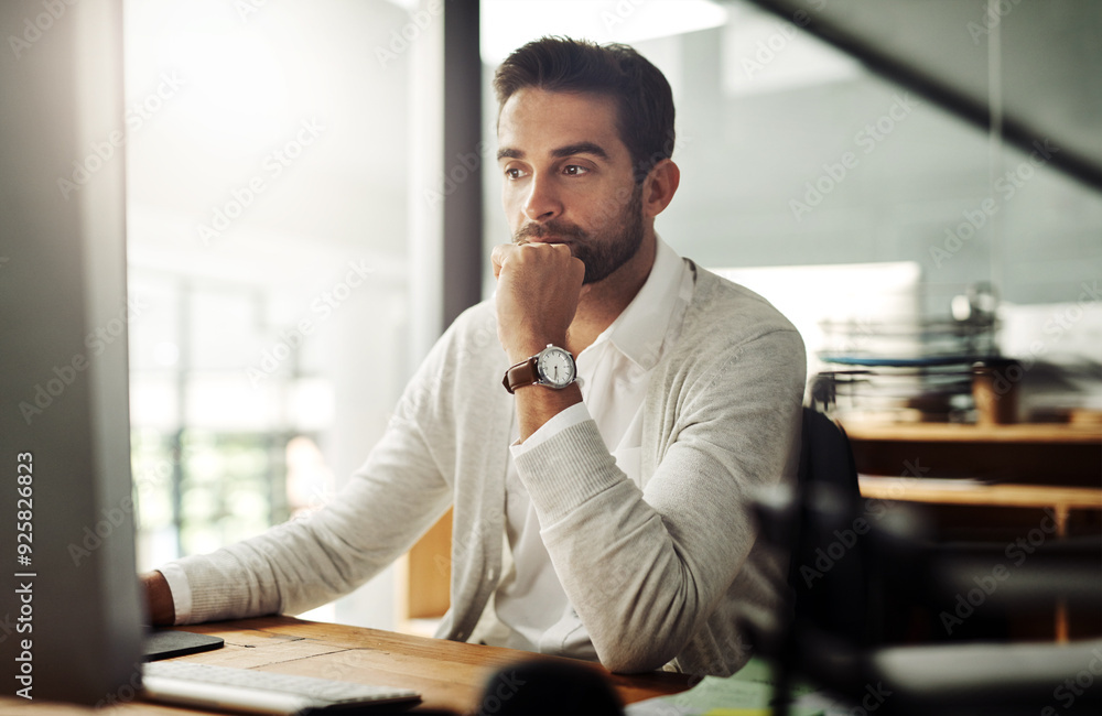 Poster Thinking, business and man at desk, computer and internet with solution, online reading and planning. Person, employee and consultant with pc, problem solving and decision with choice and project