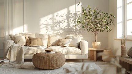 Fototapeta premium A sophisticated living room with a neutral color palette, featuring elegant furniture and decor.