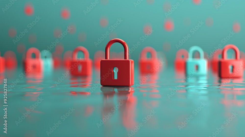 Poster a conceptual image of digital padlocks symbolizing firewall protection in a virtual space, illustrat
