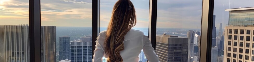 A woman gazes out of a modern skyscraper window, admiring the stunning cityscape under a beautiful sunset.