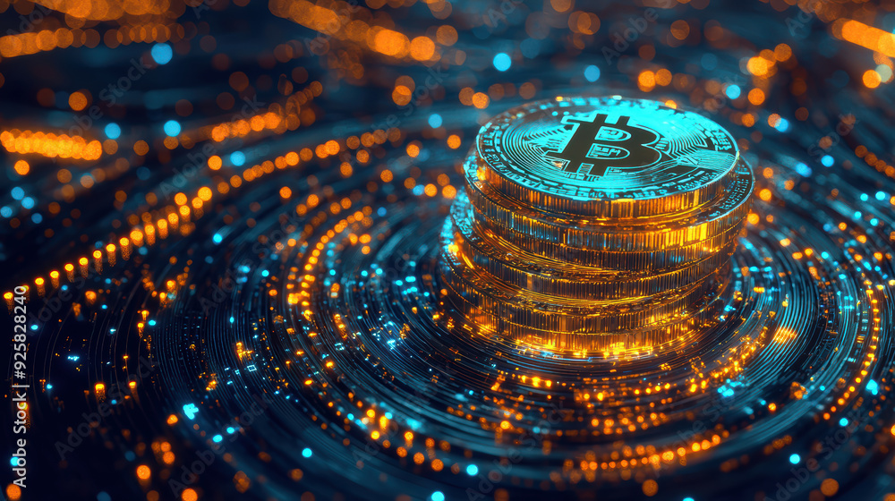 Poster visually striking representation of bitcoin coins surrounded by glowing digital patterns, conveyings