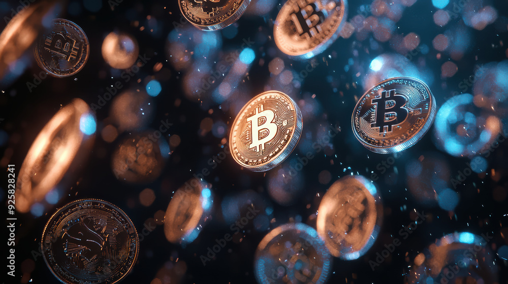 Aufkleber floating bitcoin coins createsense of digital wealth and innovation.shimmering effect addsfuturistic