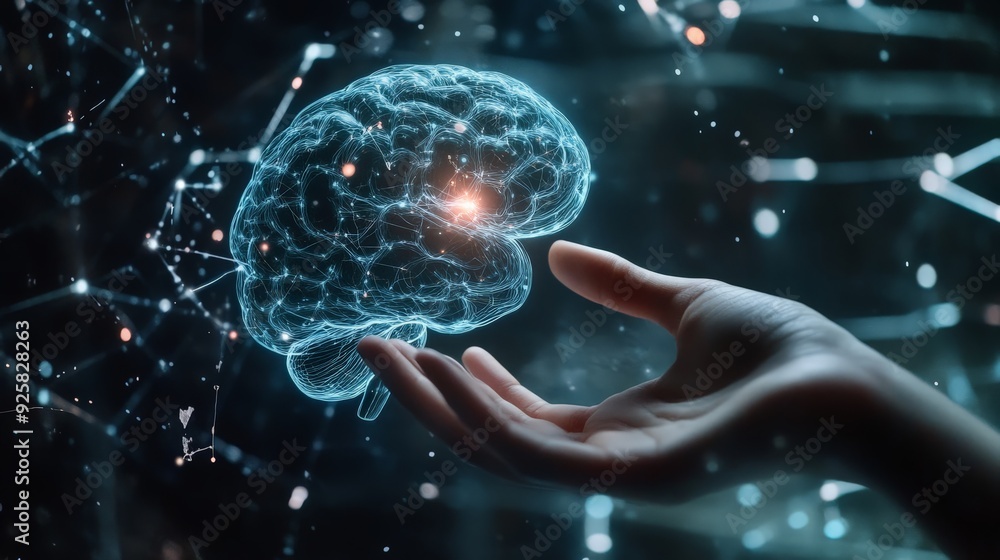 Poster a glowing, digital brain holographically displayed in front of a hand, symbolizing the intersection 
